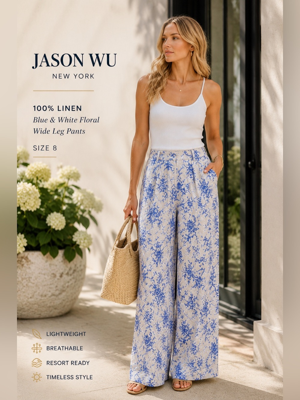 Jason Wu 100% Linen Blue Floral Wide Leg Palazzo Pants Size 8 Resort Luxury